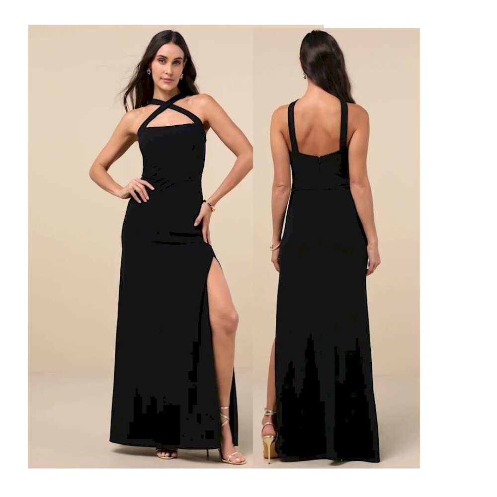 Lulus Perfectly Demure Black Backless Column Maxi Dress Small NWOT